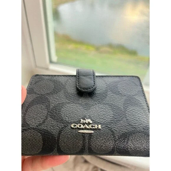 Coach F23553 Signature Monogram Medium Corner Zip Wallet in Black and Gray - Picture 6 of 12